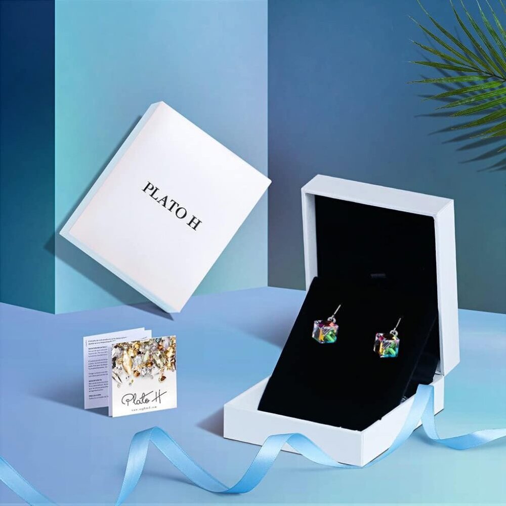 S925 Sterling Silver Cube Earrings Crystals for Women with Exquisite Unique Gift - Picture 5 of 6